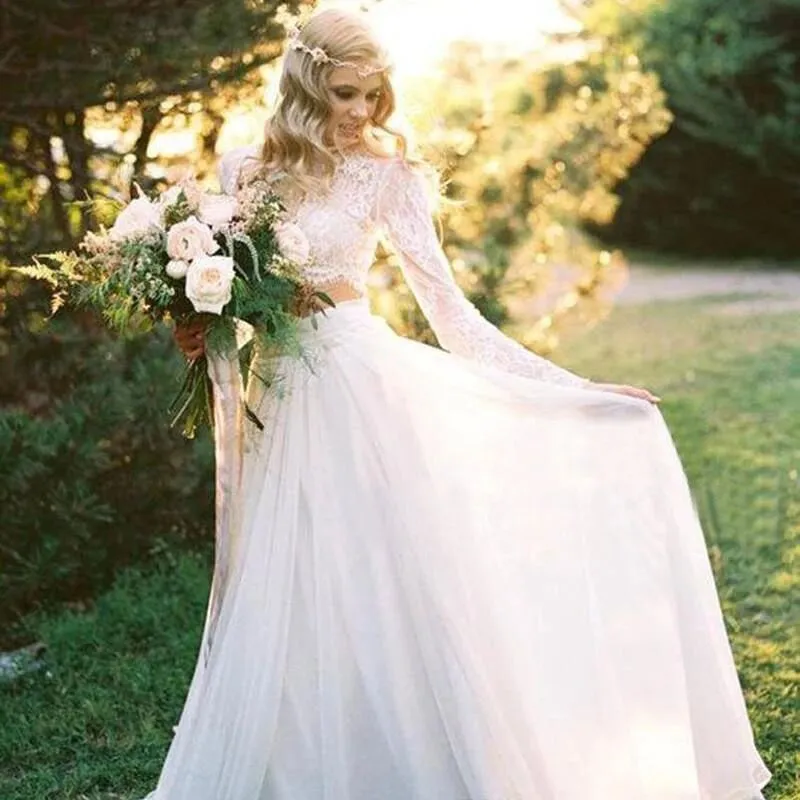 2 Pieces Lace Top Chiffon Skirt Romantic Long Sleeves Wedding Dresses PFW0381 by Promfast
