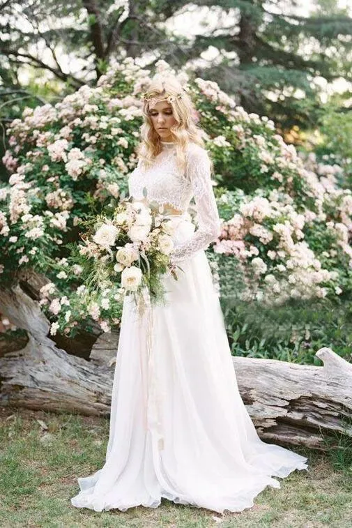 2 Pieces Lace Top Chiffon Skirt Romantic Long Sleeves Wedding Dresses PFW0381 by Promfast