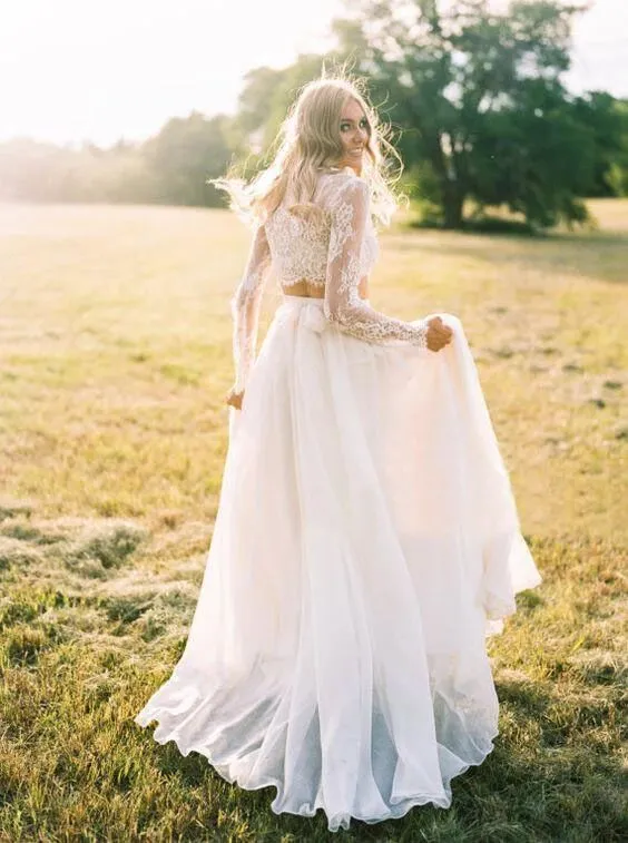2 Pieces Lace Top Chiffon Skirt Romantic Long Sleeves Wedding Dresses PFW0381 by Promfast