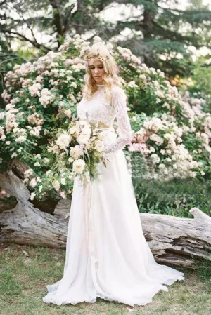 2 Pieces Lace Top Chiffon Skirt Romantic Long Sleeves Wedding Dresses PFW0381 by Promfast
