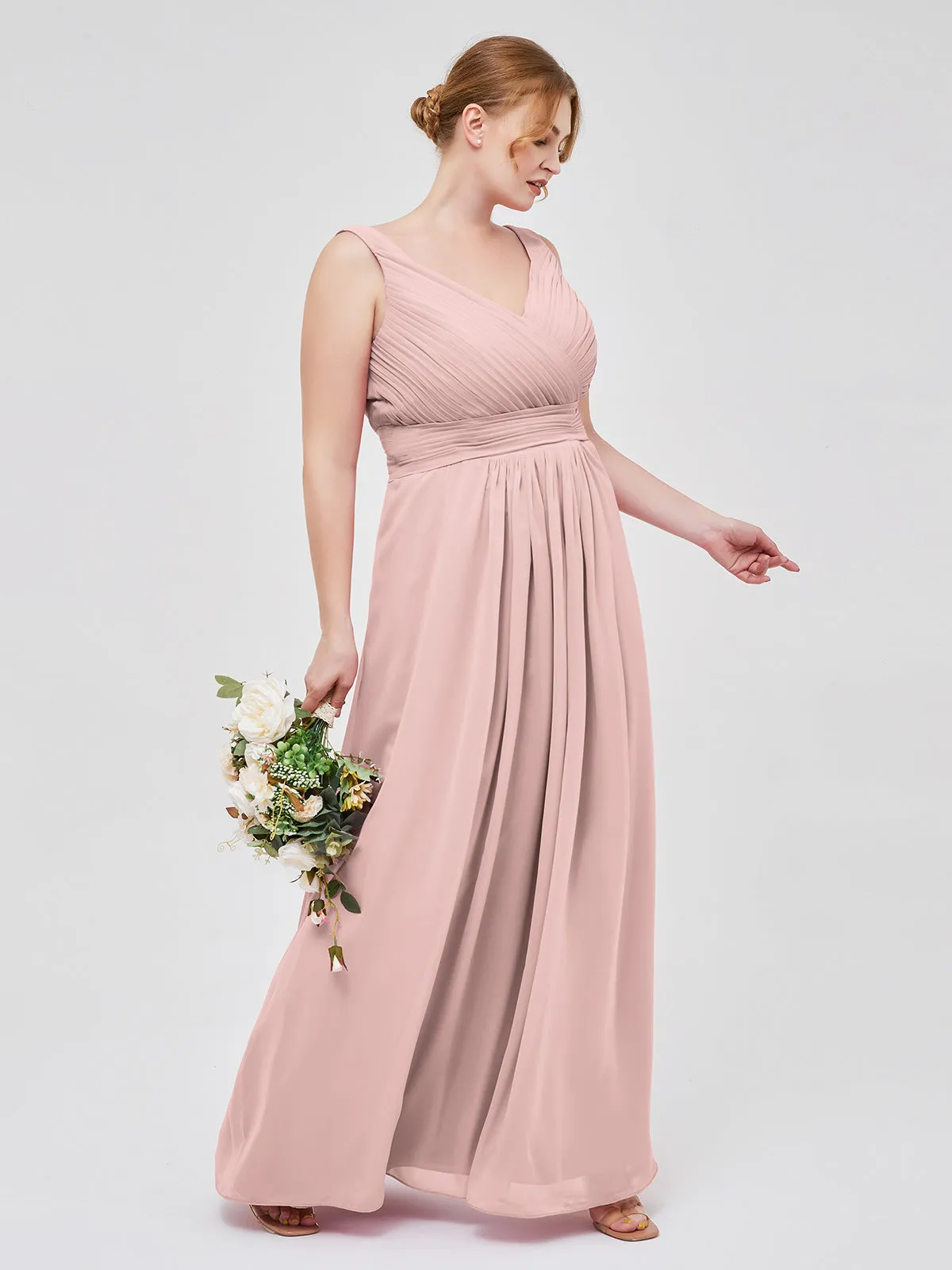 A-line Chiffon Floor Length V Neck Dresses Dusty Rose