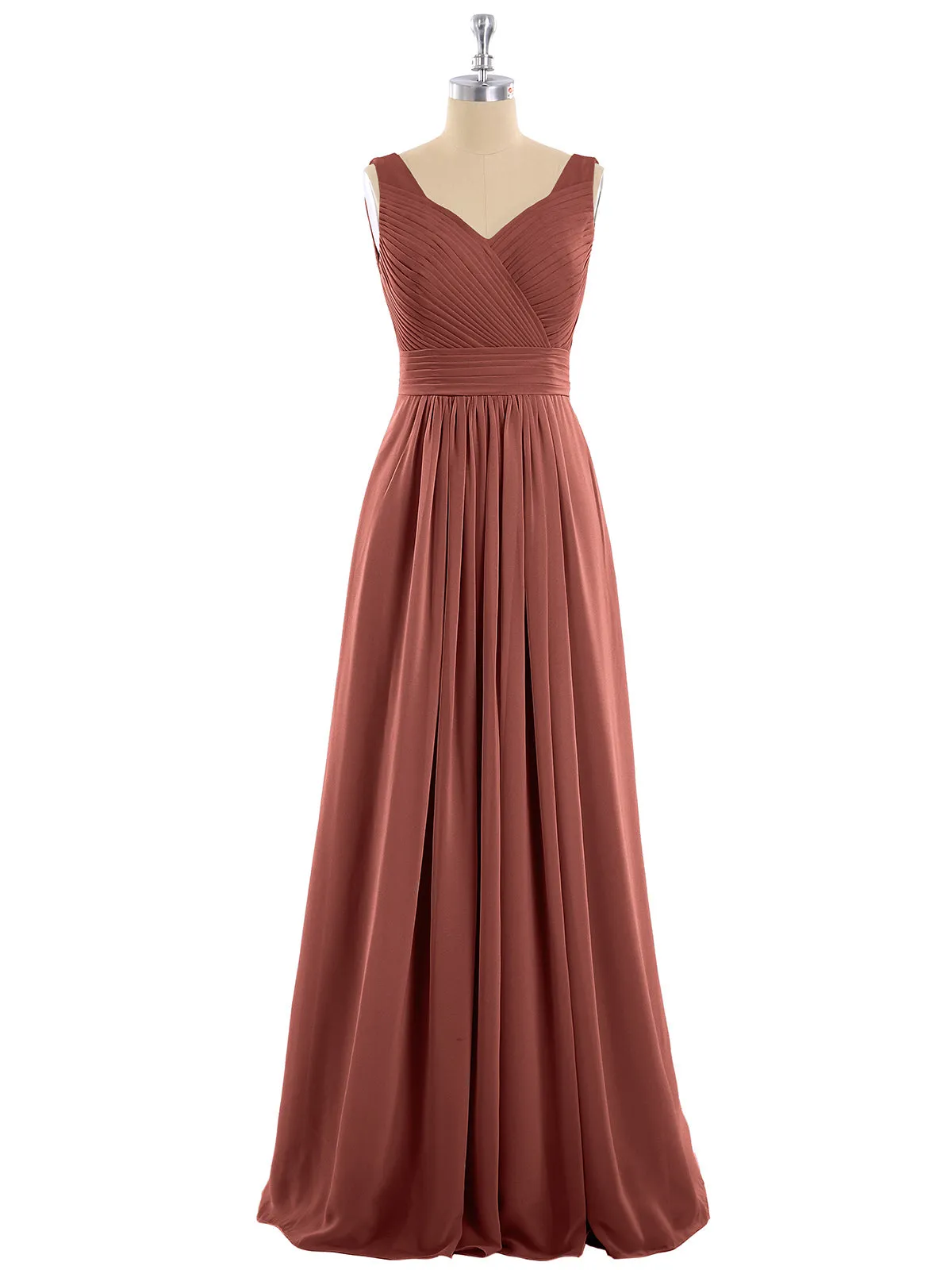 A-line Chiffon Floor Length V Neck Dresses Terracotta