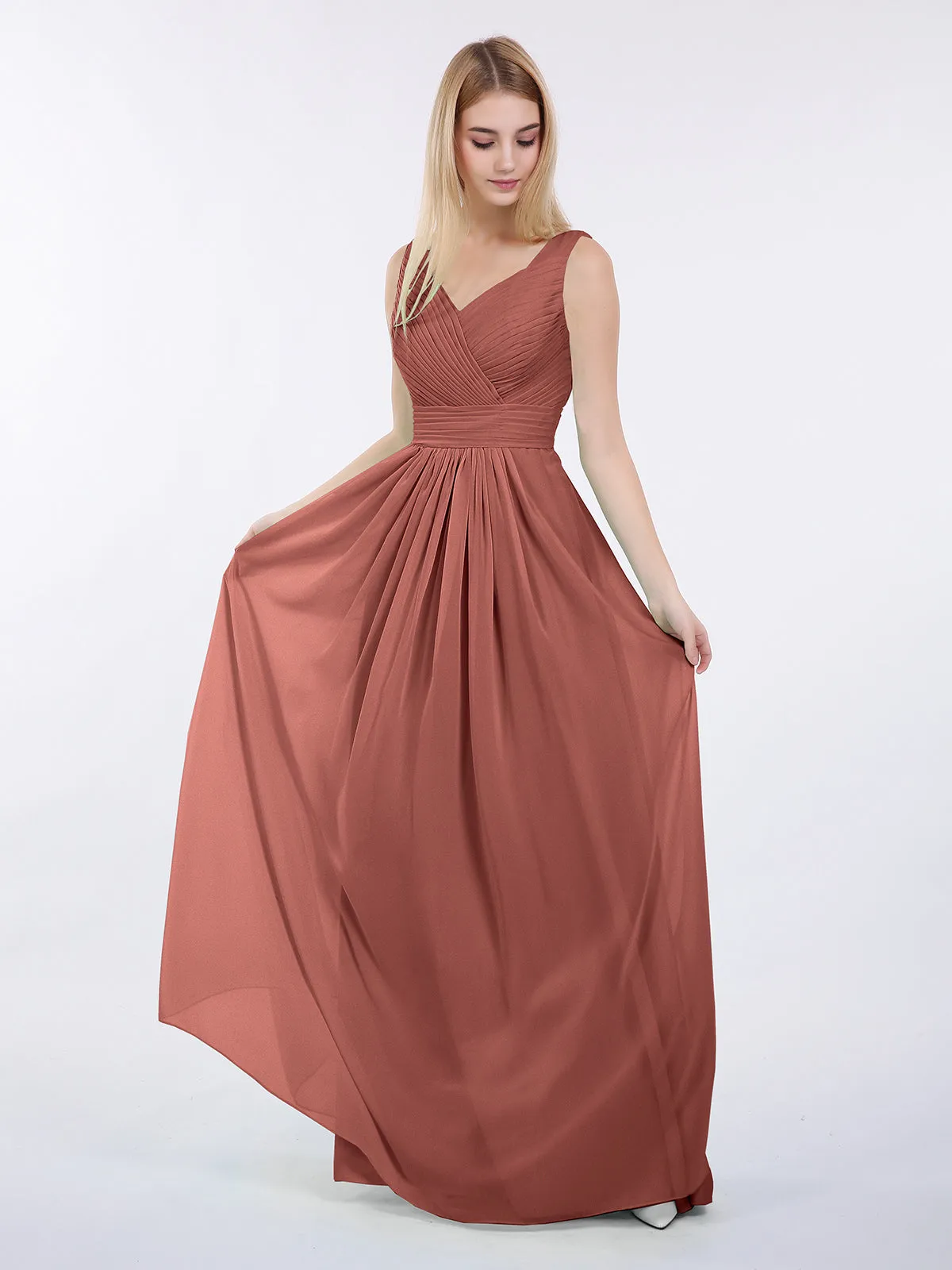 A-line Chiffon Floor Length V Neck Dresses Terracotta