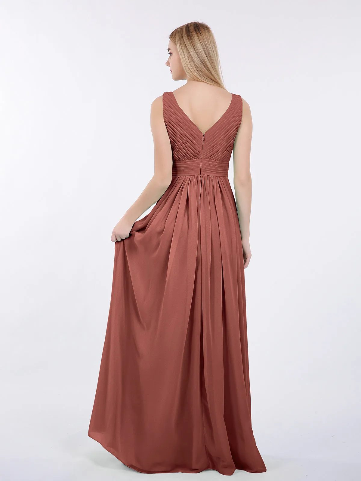 A-line Chiffon Floor Length V Neck Dresses Terracotta