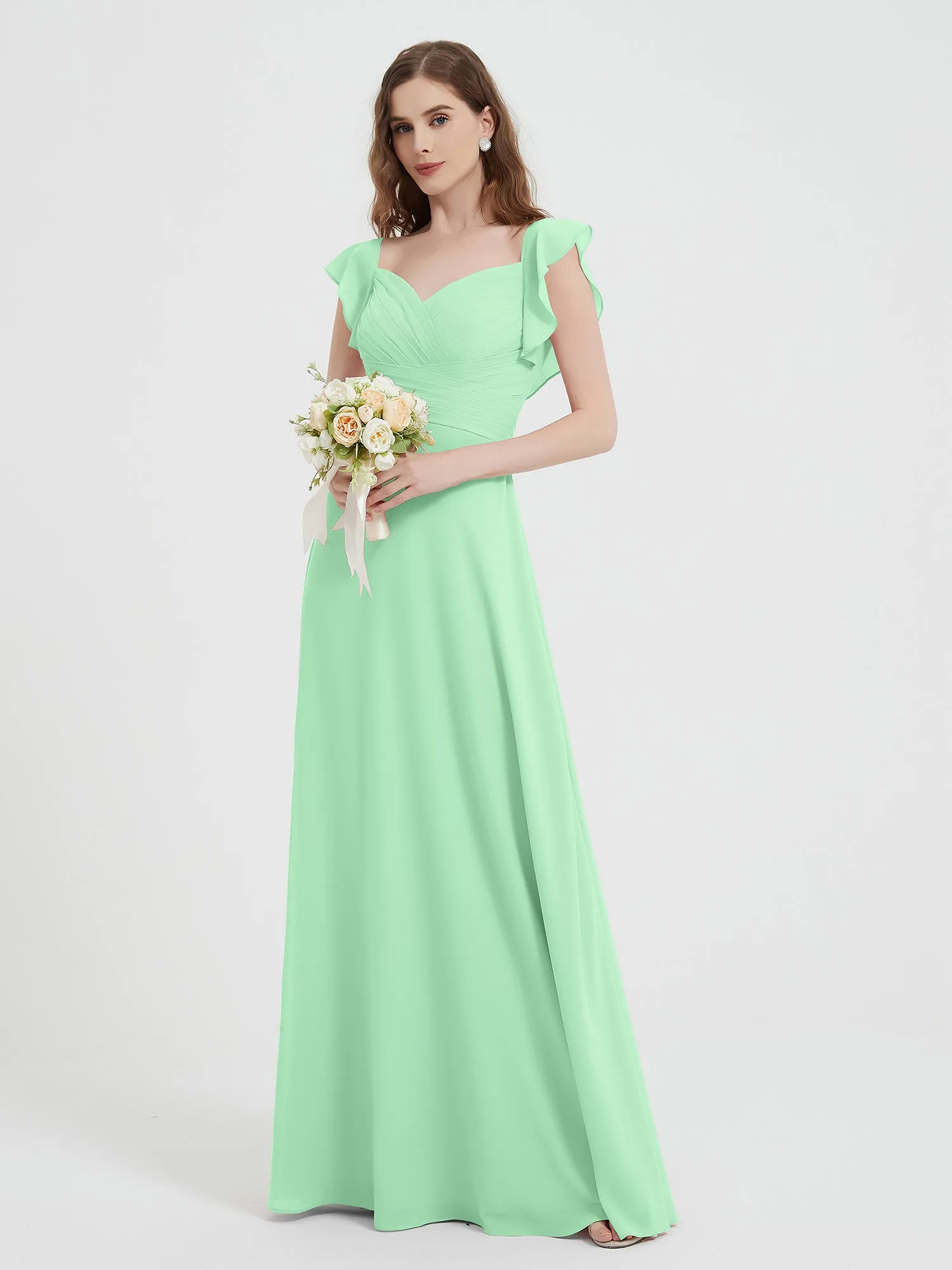 A-line Flutter Sleeves Chiffon Pleated Dress Mint Green Plus Size