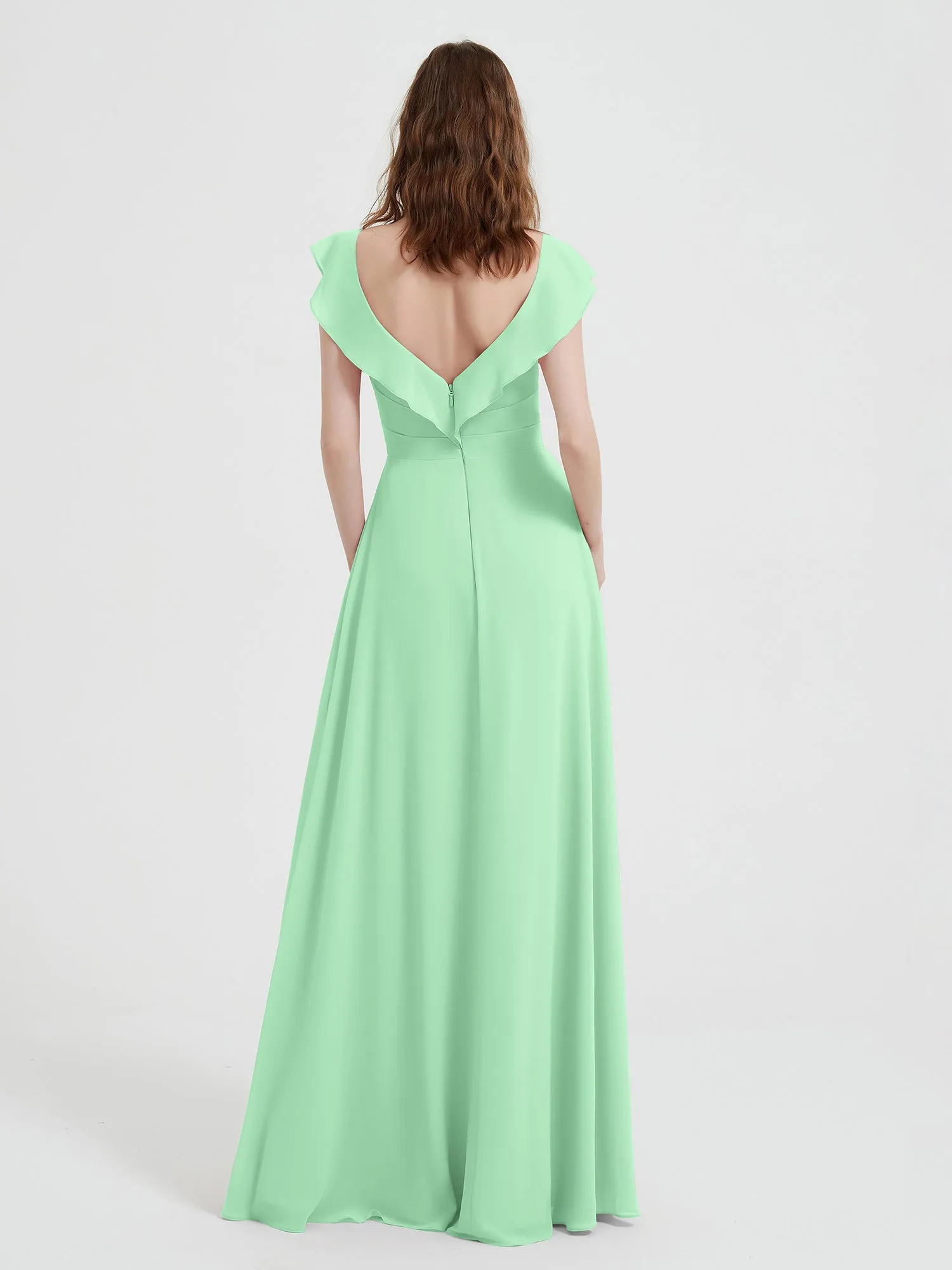 A-line Flutter Sleeves Chiffon Pleated Dress Mint Green Plus Size