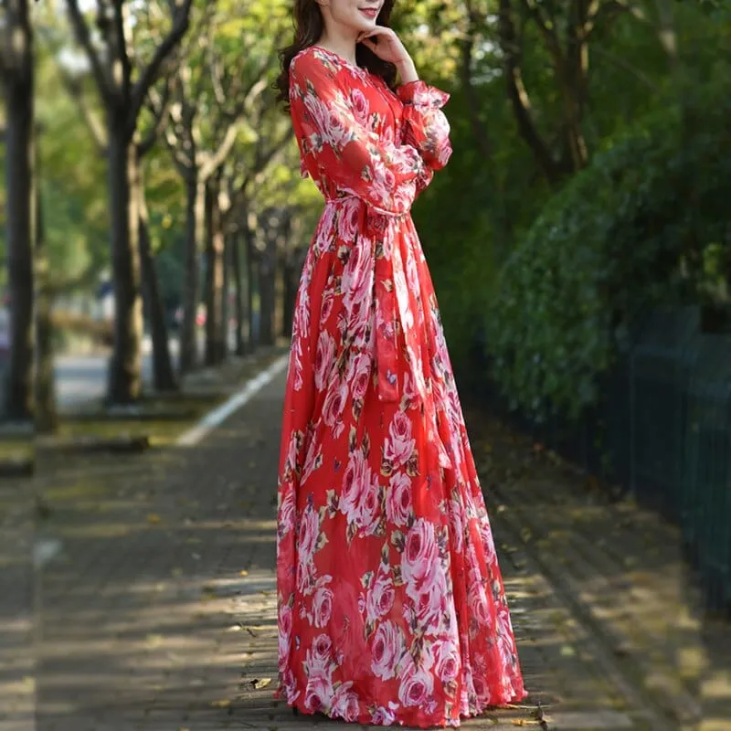 Amelia Loose Floral Flowy Chiffon Printed Maxi Dress