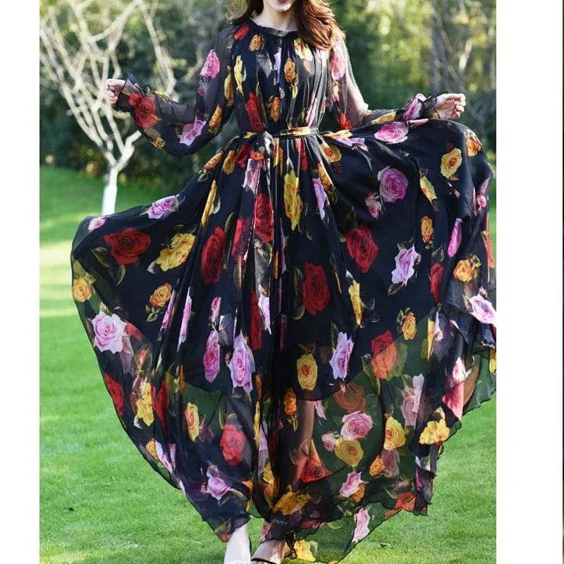 Amelia Loose Floral Flowy Chiffon Printed Maxi Dress