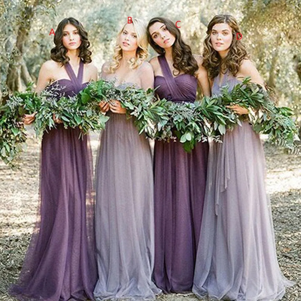 Awesome Long Mismatched Tulle Bohemian Purple Bridesmaid Dresses | Romantic Convertiable Bridesmaid Dresses