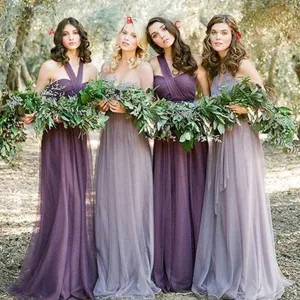 Awesome Long Mismatched Tulle Bohemian Purple Bridesmaid Dresses | Romantic Convertiable Bridesmaid Dresses
