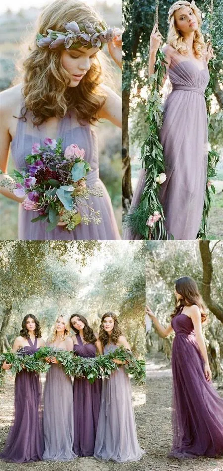 Awesome Long Mismatched Tulle Bohemian Purple Bridesmaid Dresses | Romantic Convertiable Bridesmaid Dresses