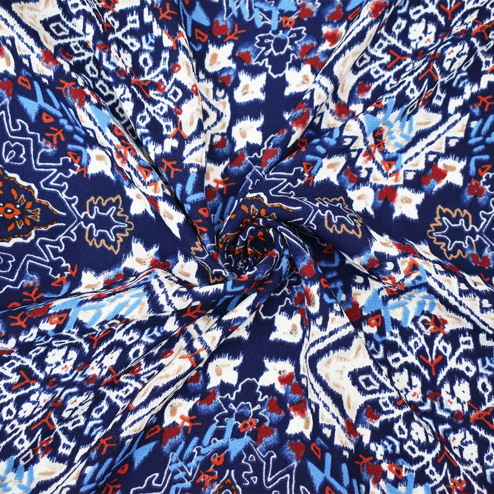 Blue-Brown-Multi  Moroccan Diamond Print Poly Crepe Momie Georgette Fabric