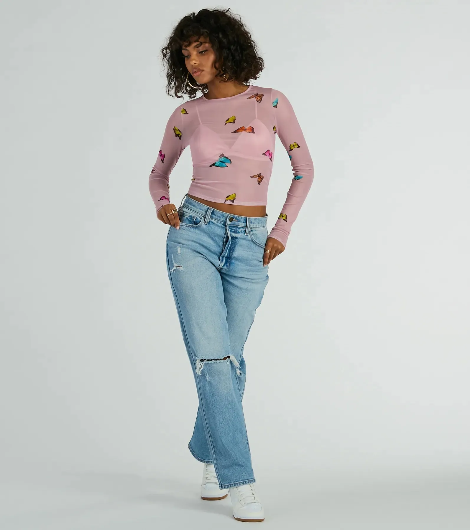 Butterfly Effect Long Sleeve Mesh Crop Top