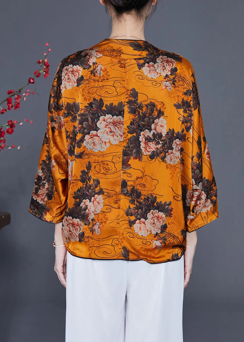 Chic Yellow Oversized Floral Print Silk Tops Bracelet Sleeve LY2364
