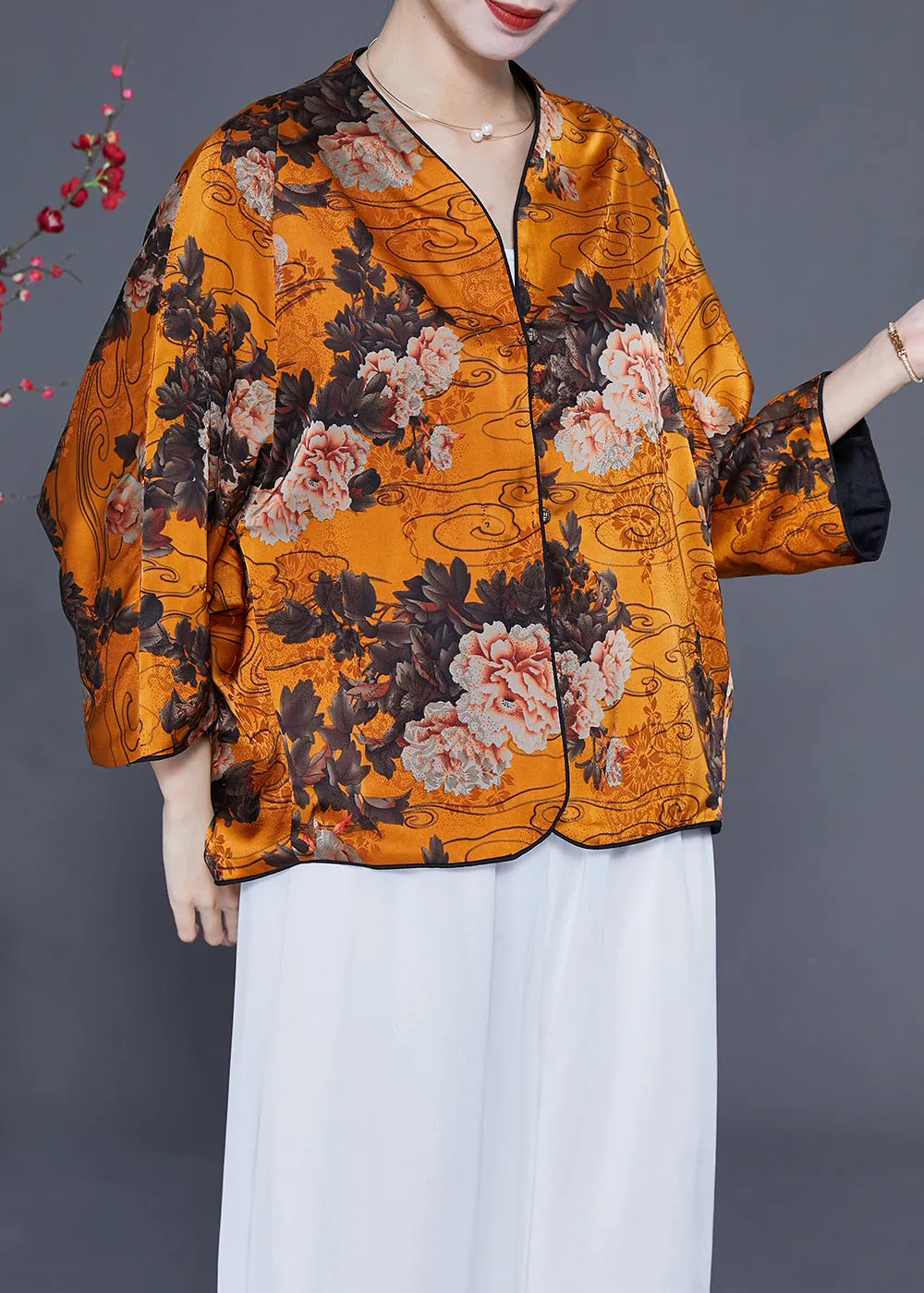 Chic Yellow Oversized Floral Print Silk Tops Bracelet Sleeve LY2364