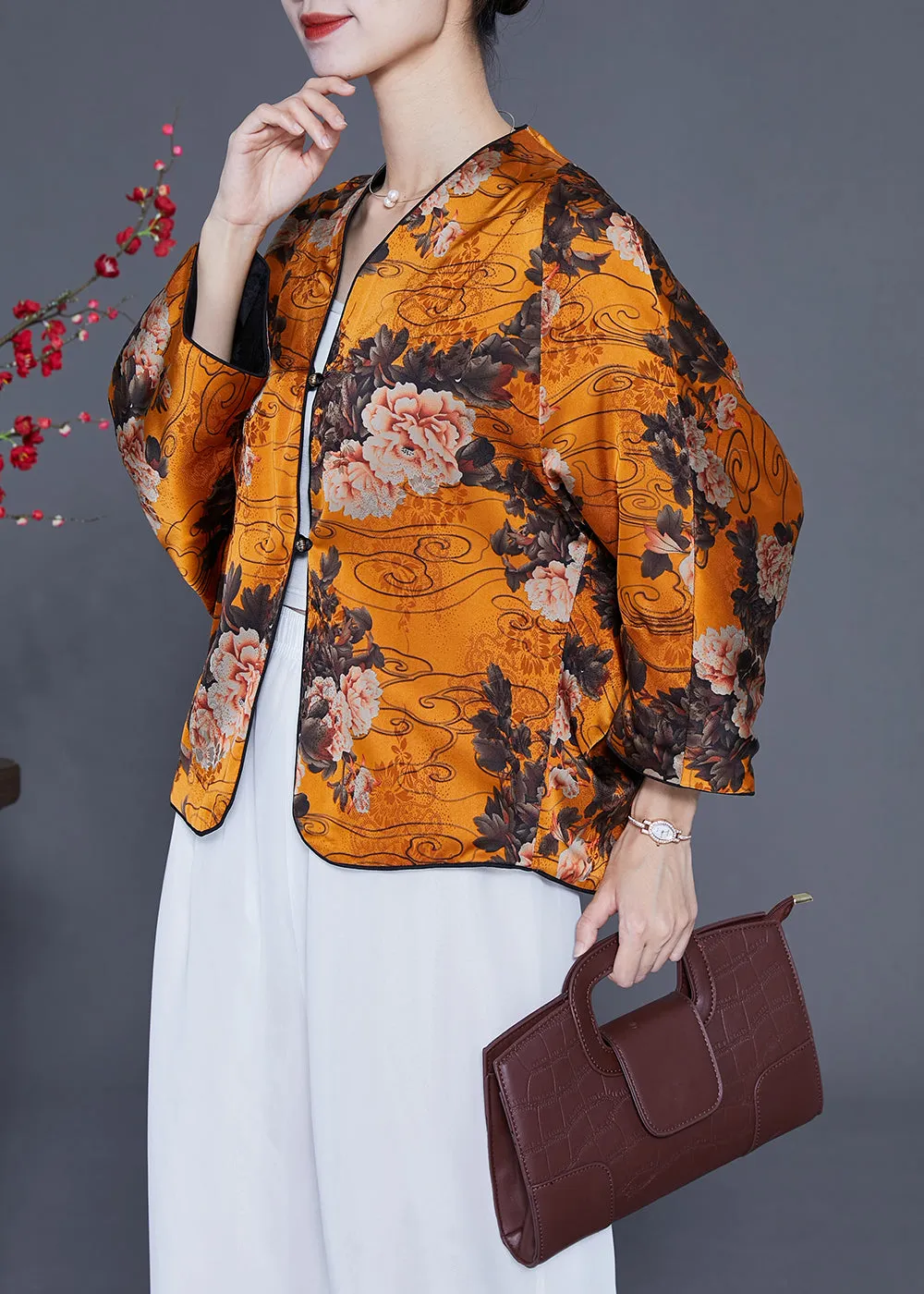 Chic Yellow Oversized Floral Print Silk Tops Bracelet Sleeve LY2364