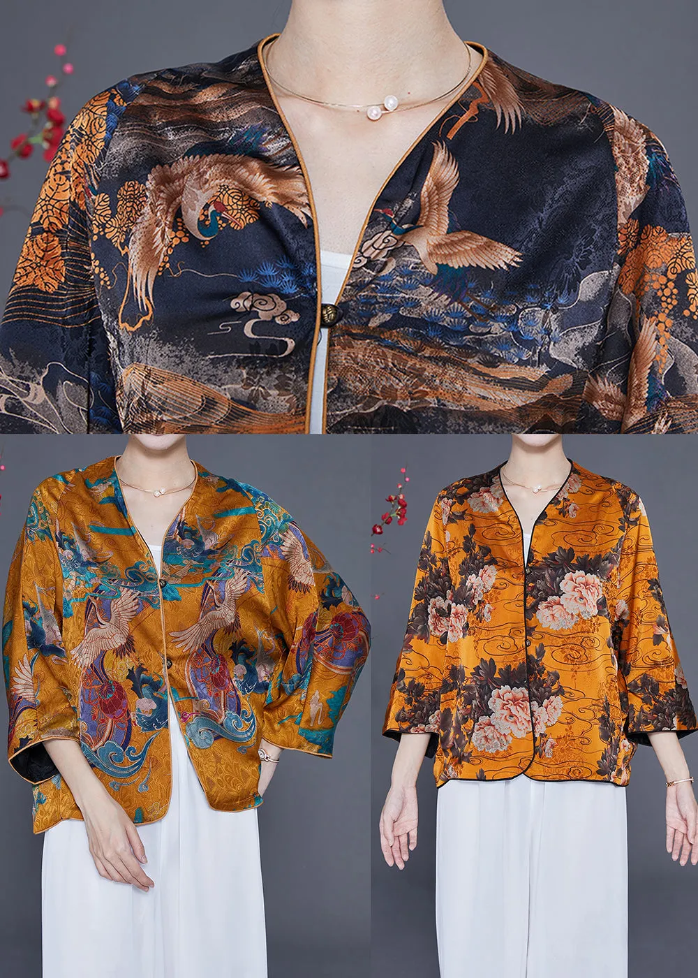 Chic Yellow Oversized Floral Print Silk Tops Bracelet Sleeve LY2364