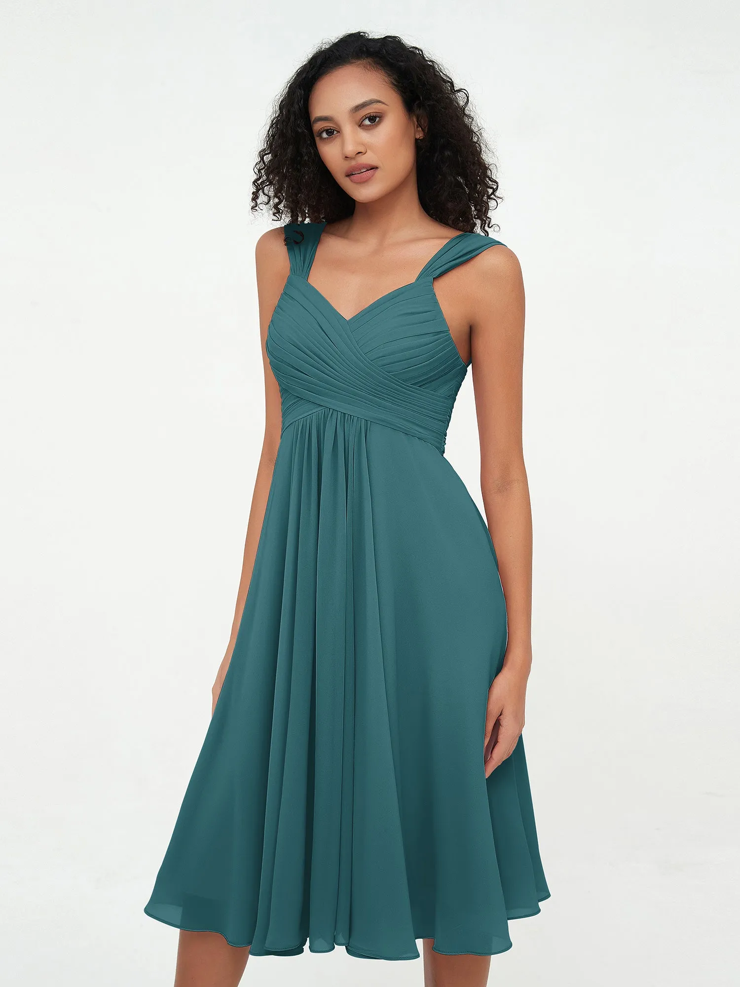 Chiffon Empire Short Dresses with Pockets-Peacock