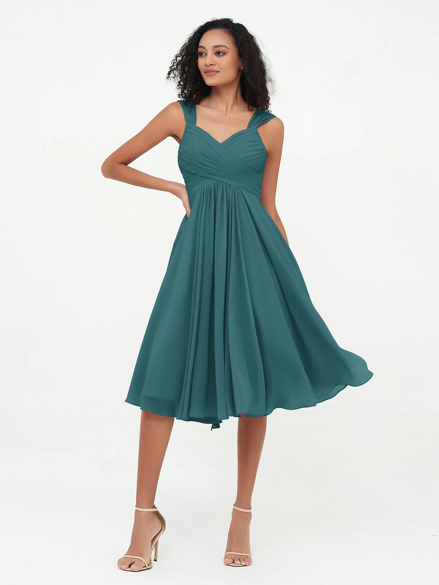 Chiffon Empire Short Dresses with Pockets-Peacock