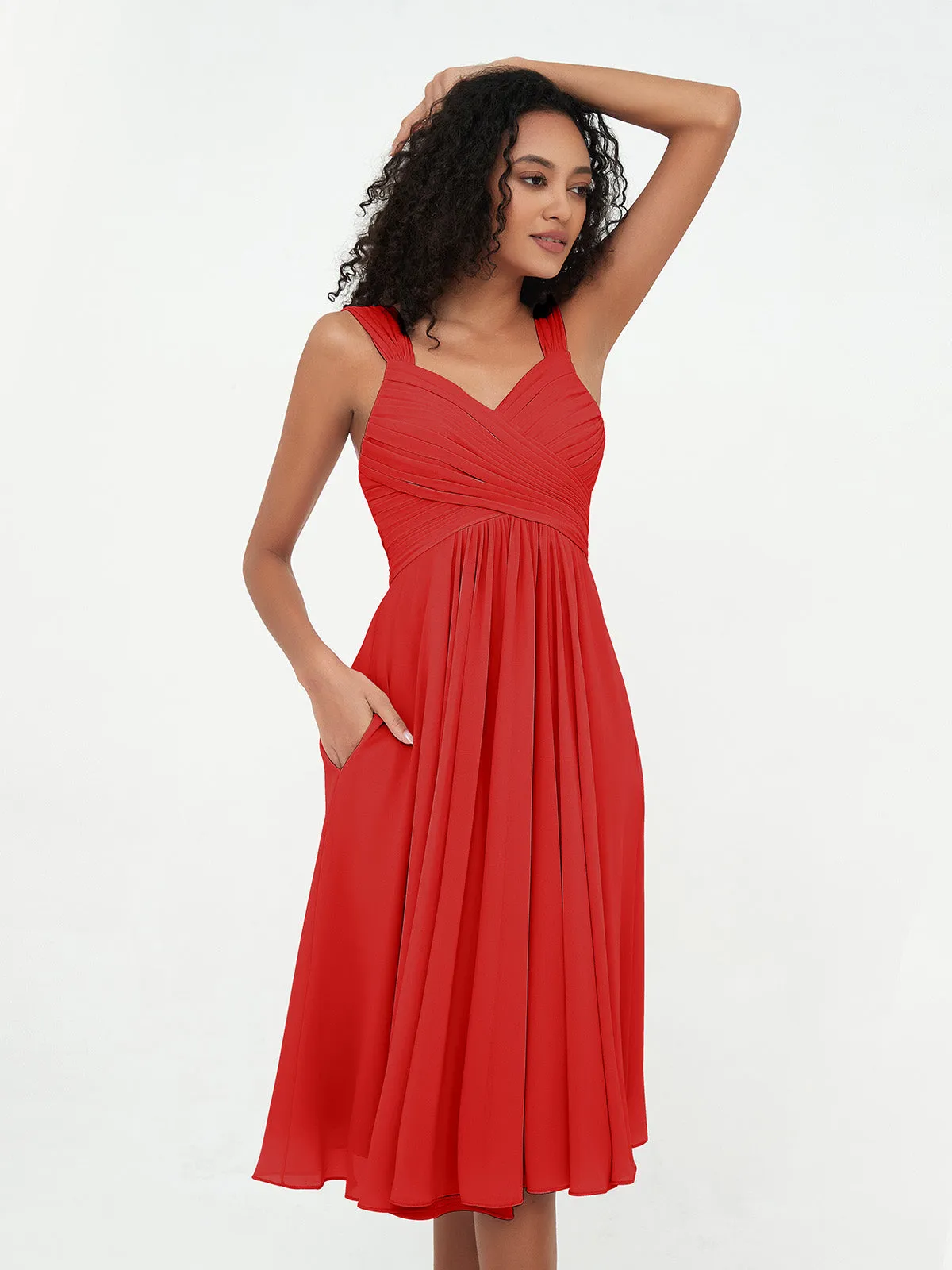 Chiffon Empire Short Dresses with Pockets-Red