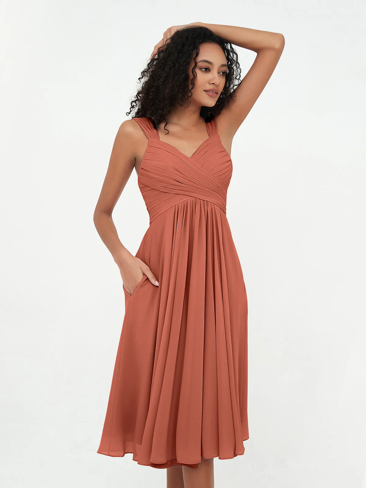 Chiffon Empire Short Dresses with Pockets-Rust Plus Size