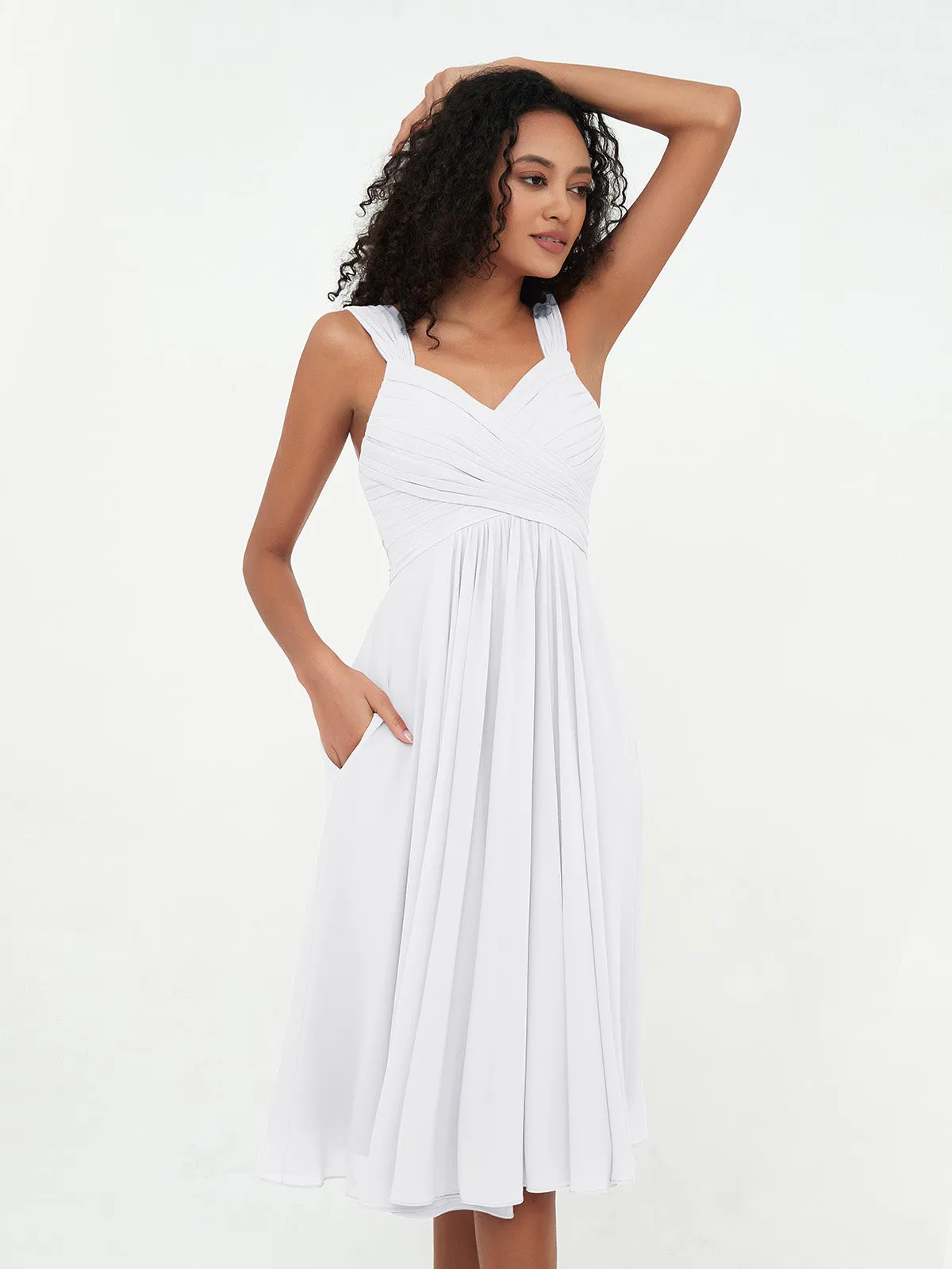 Chiffon Empire Short Dresses with Pockets-White Plus Size