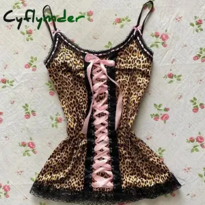 Cyflymder American Retro Punk Rock Hip Hop Harajuku Y2K Women's Camisole Top Sexy Slim Chic Lace Bow Leopard Crop Top Emo Girls Streetwear
