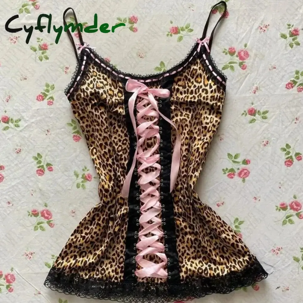 Cyflymder American Retro Punk Rock Hip Hop Harajuku Y2K Women's Camisole Top Sexy Slim Chic Lace Bow Leopard Crop Top Emo Girls Streetwear