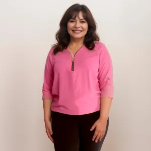 DIPPED HEM BATWING BLOUSE WITH ZIP V-NECK