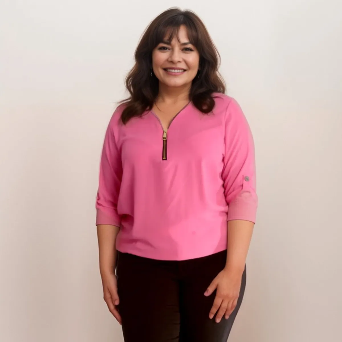 DIPPED HEM BATWING BLOUSE WITH ZIP V-NECK
