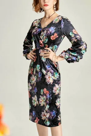 Floral Print V-neck Velvet Midi Dress