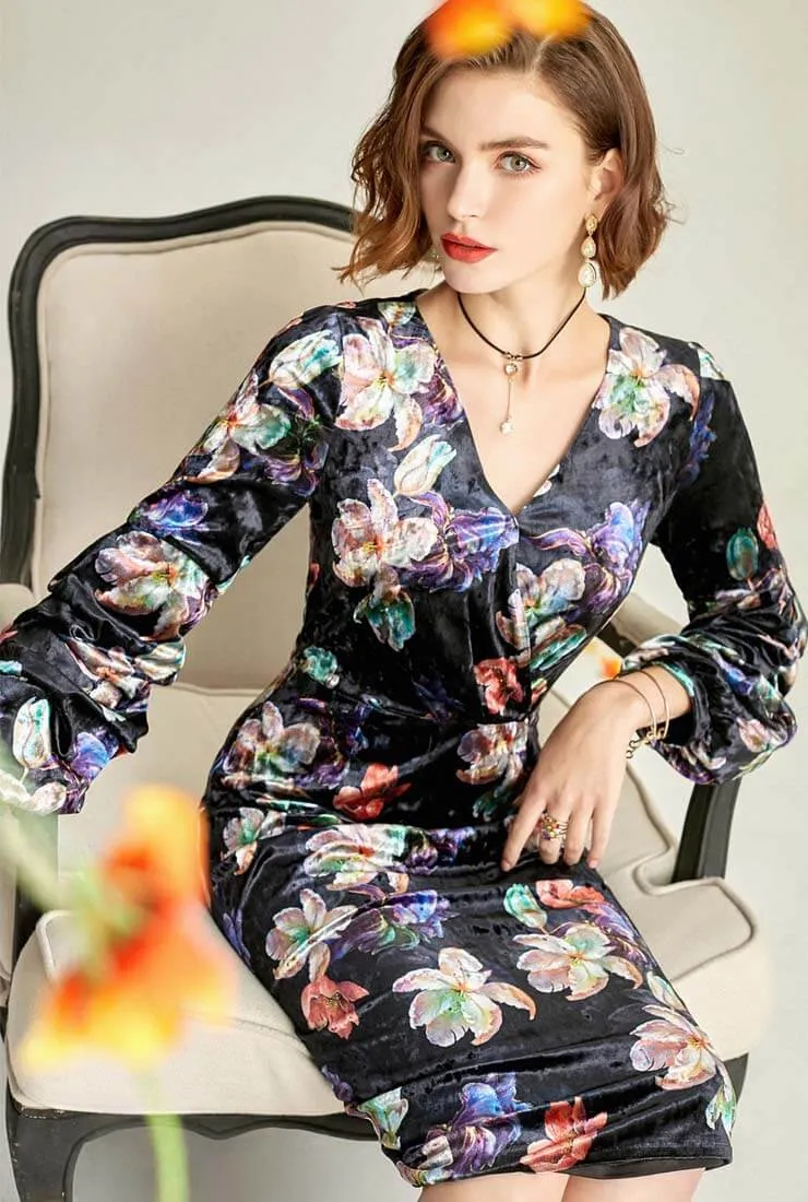 Floral Print V-neck Velvet Midi Dress