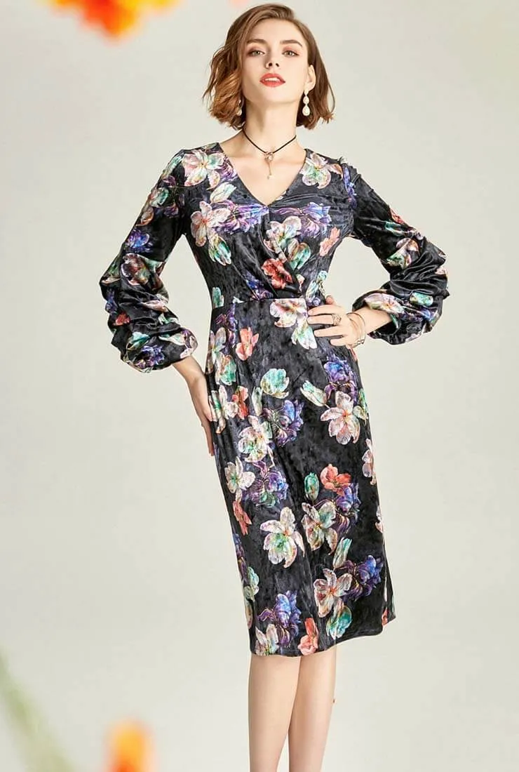 Floral Print V-neck Velvet Midi Dress