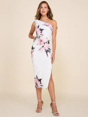 Floral Printed One-Shoulder Fitted Midi Cocktail Dress