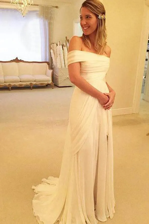 Flowy Ivory Off The Shoulder Chiffon Lace Long Beach Wedding Dress