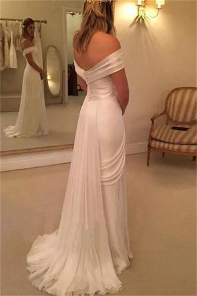 Flowy Ivory Off The Shoulder Chiffon Lace Long Beach Wedding Dress