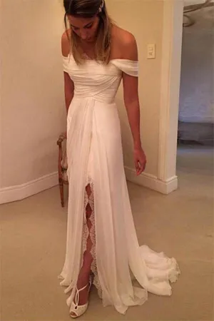 Flowy Ivory Off The Shoulder Chiffon Lace Long Beach Wedding Dress