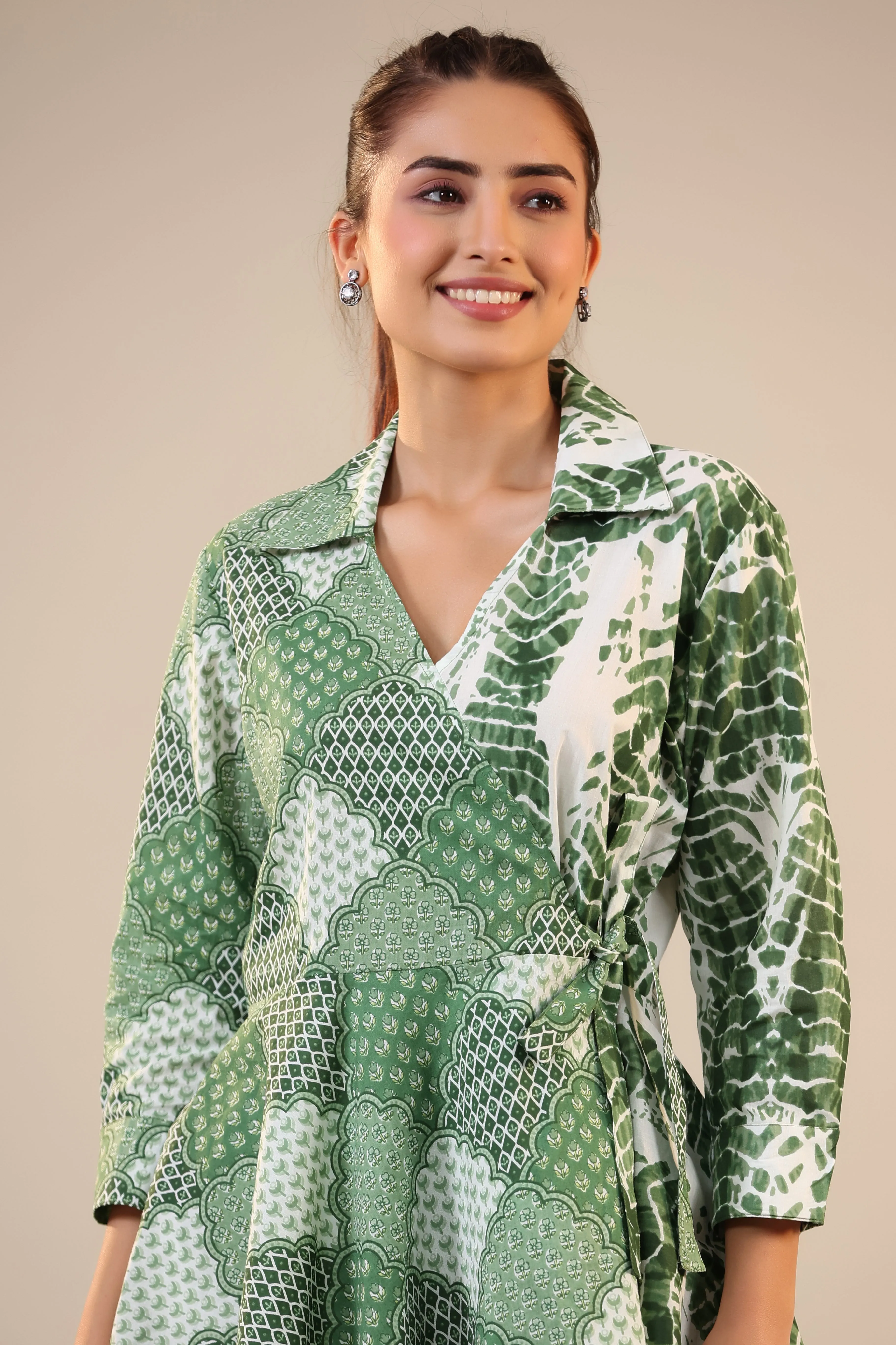 Green abstract Shibori Knot Cotton Loungewear Set