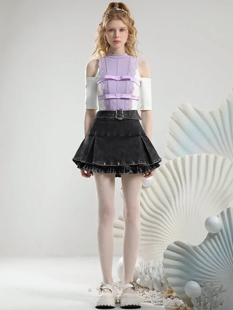 Lace Nichi Open-Shoulder Ribbon Chic Tops