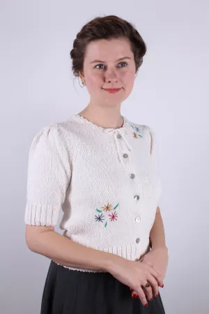 Late 1930s / 1940s style summer bouclé cardigan. Off-White with embroidery- Sarah