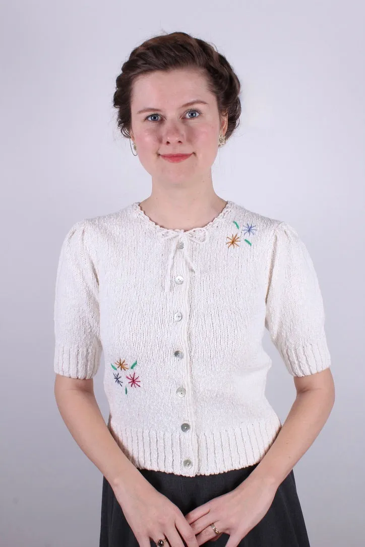 Late 1930s / 1940s style summer bouclé cardigan. Off-White with embroidery- Sarah