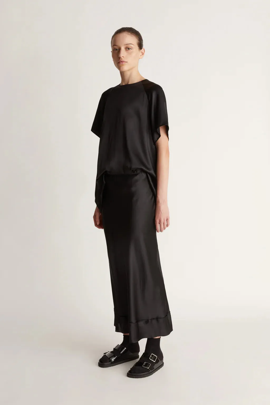 Lee Mathews Stella Silk Satin Skirt in Black