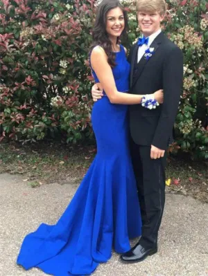 Mermaid Scoop-Neck Sweep Train Satin Royal Blue Sexy Prom Dresses HX0095