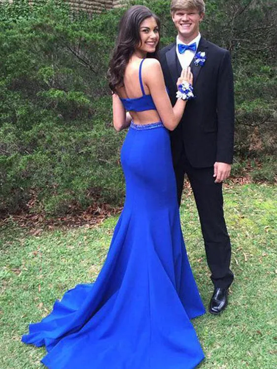 Mermaid Scoop-Neck Sweep Train Satin Royal Blue Sexy Prom Dresses HX0095