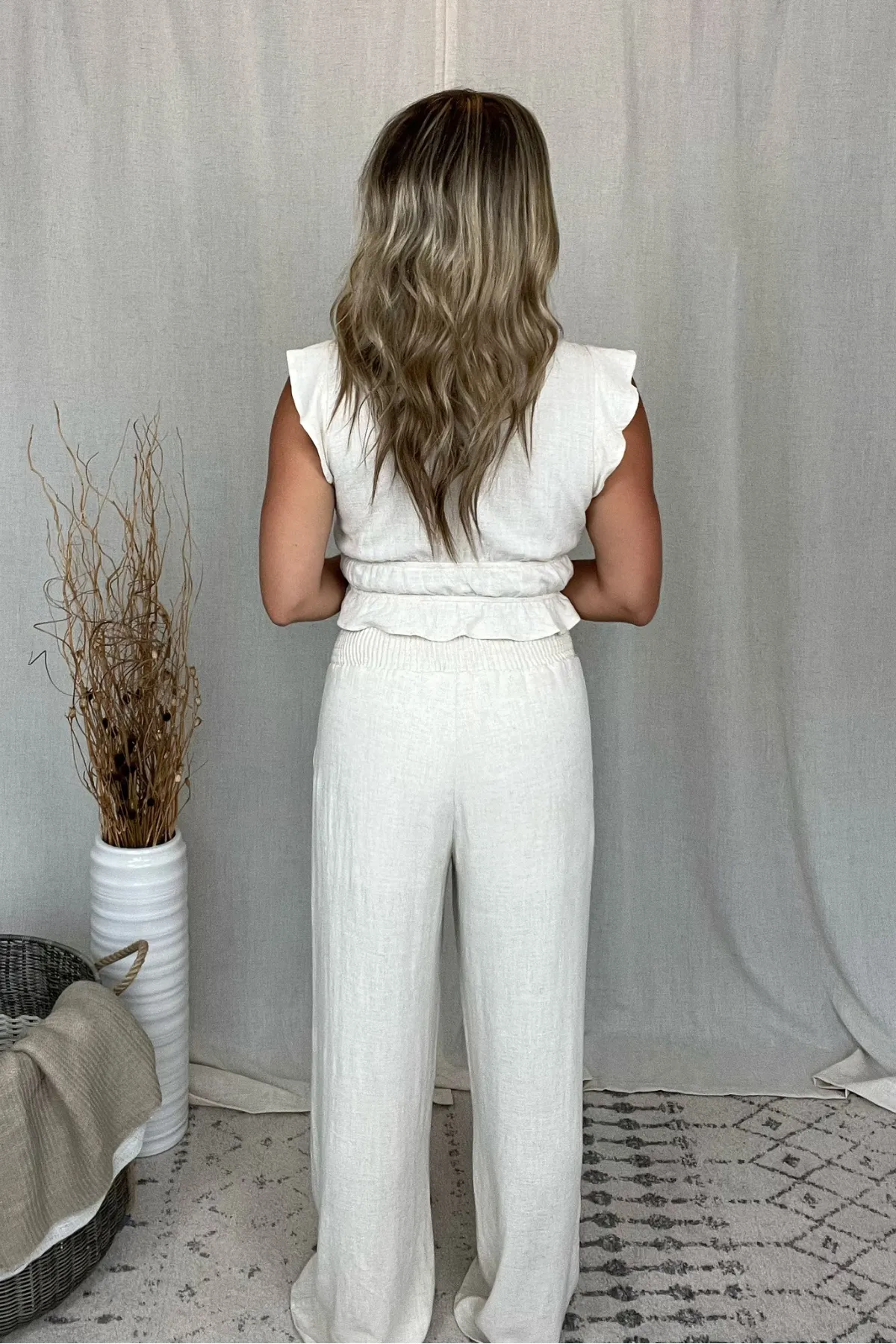 OATMEAL WIDE LEG PANT WITH RUFFLE SLEEVE CROP TOP SET