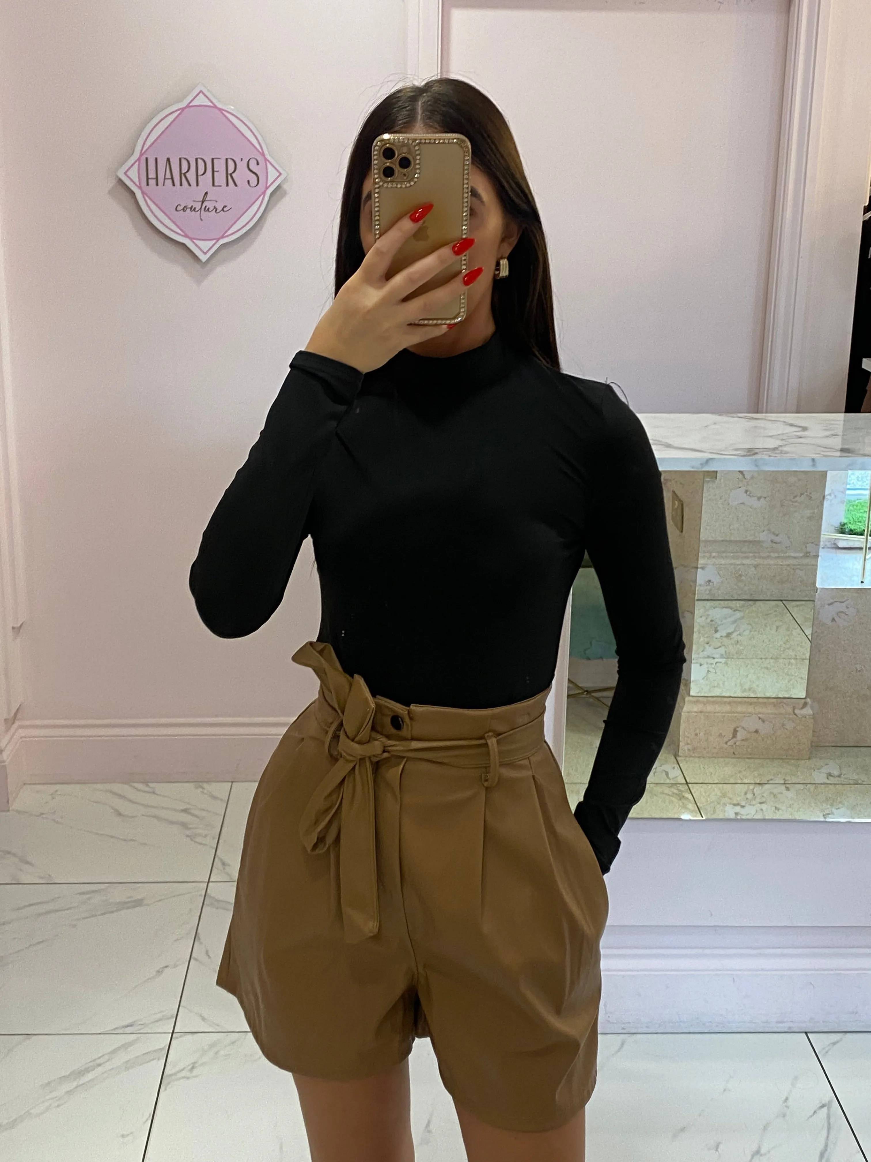 Patricia Camel Faux Leather High Waist Shorts