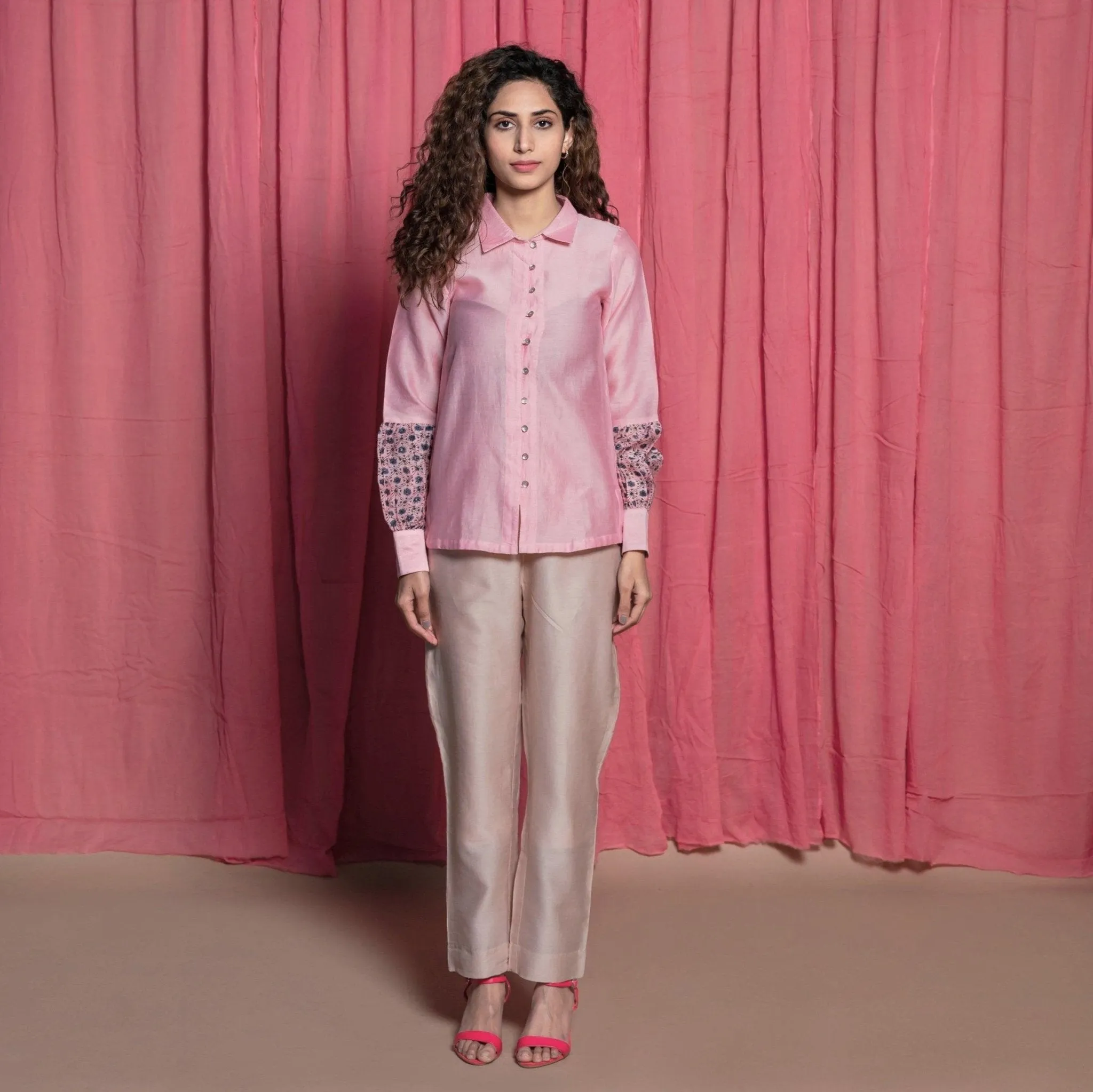 Pink Block Print Cotton Chanderi Shirt Top