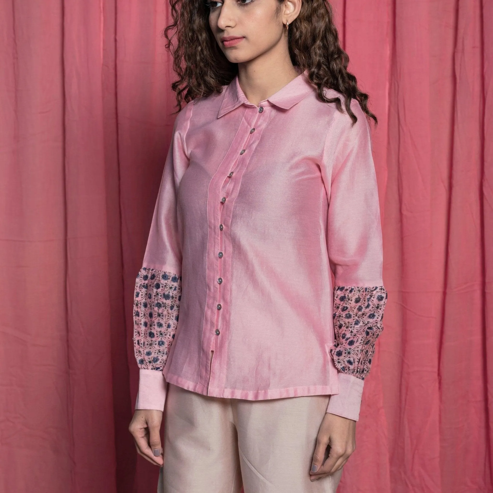 Pink Block Print Cotton Chanderi Shirt Top