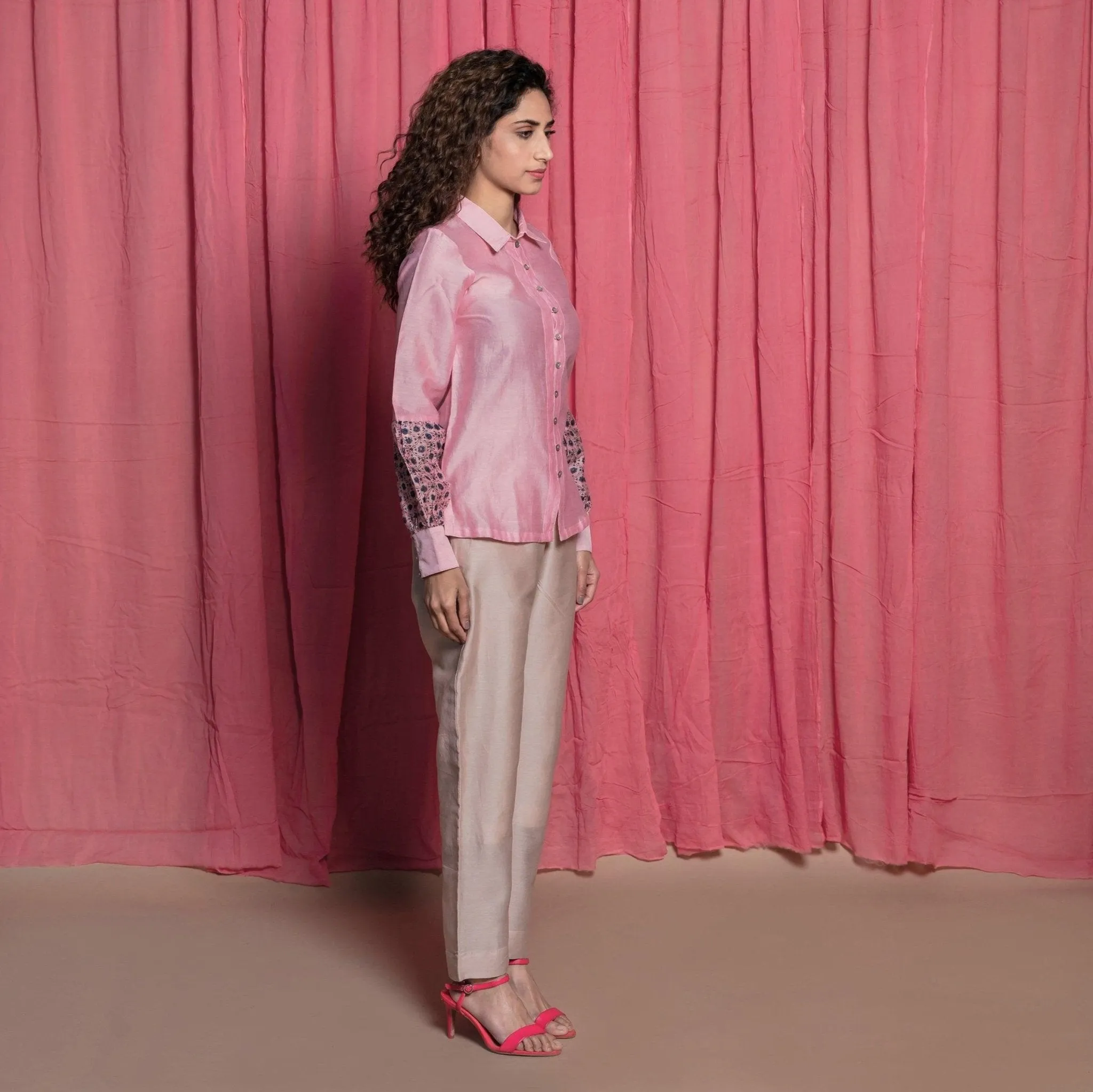 Pink Block Print Cotton Chanderi Shirt Top