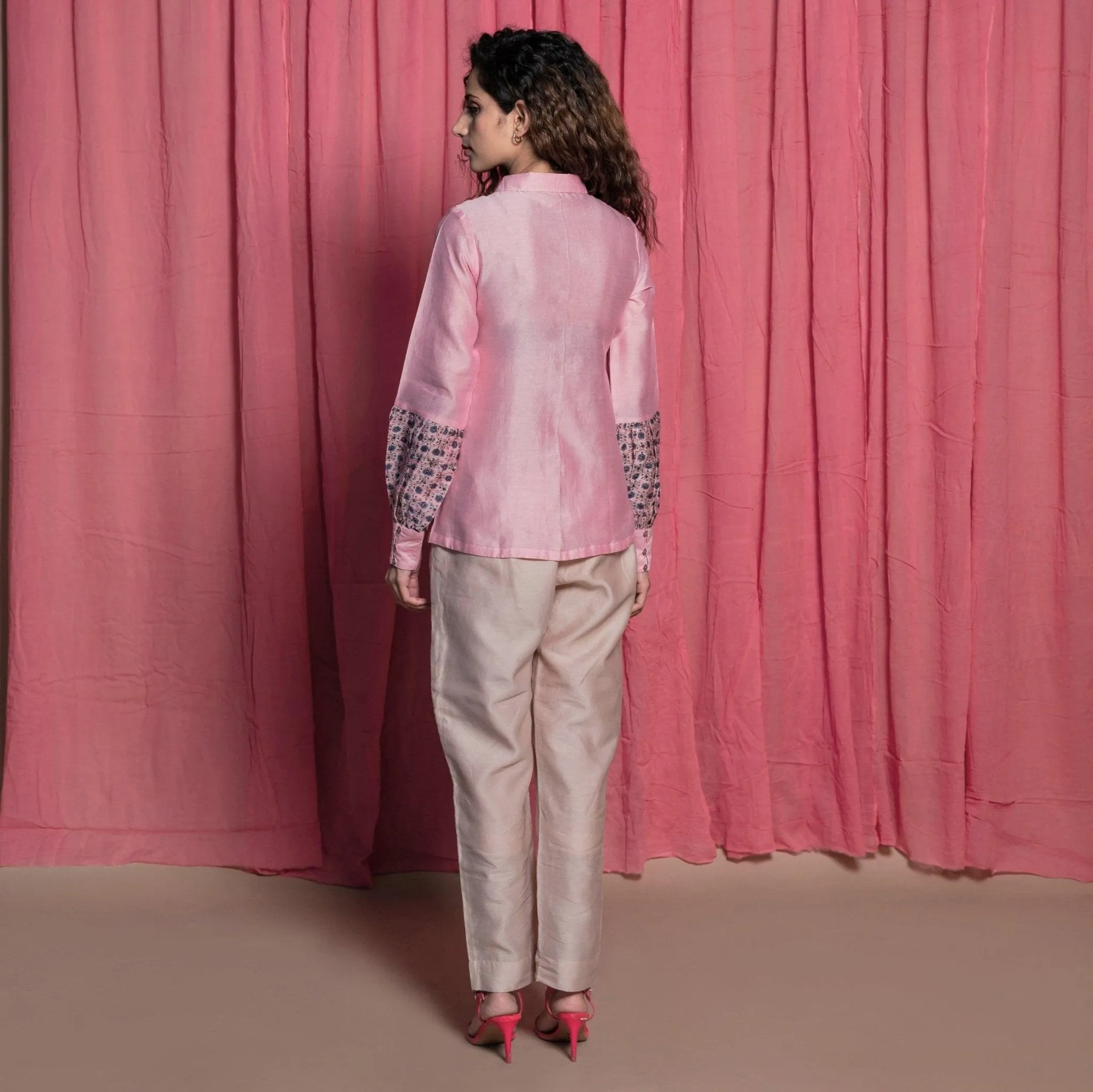 Pink Block Print Cotton Chanderi Shirt Top